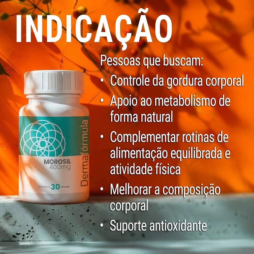 Dermafórmula Melhor Farmácia de Manipulação em Santos | Mockup do ativo Morosil 400mg, um manipulado personalizado da Dermafórmula. A imagem apresenta ícones explicativos sobre a ação do extrato da laranja moro no metabolismo lipídico e na redução de medidas, reforçando o conceito de saúde sob medida e qualidade farmacêutica.