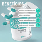 Dermafórmula Melhor Farmácia de Manipulação em Santos | Pote de 'Okralin 600mg' com 30 doses sobre fundo azul claro. Cápsulas bicolores em turquesa e branco flutuam ao redor da embalagem. À direita, quatro ícones verdes detalham os benefícios para glicose, metabolismo, energia e apetite. Logotipo vertical da Dermafórmula à direita.