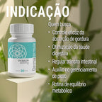 Dermafórmula Melhor Farmácia de Manipulação em Santos | Pote de 'Okralin 600mg' com 30 doses em um cenário com iluminação natural e plantas ao fundo. À direita, cinco tópicos descrevem as indicações para: controle de absorção de gordura, saúde digestiva, trânsito intestinal, gerenciamento de peso e equilíbrio metabólico. Logotipo vertical da Dermafórmula à direita.