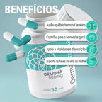 Dermafórmula Melhor Farmácia de Manipulação em Santos | Pote de suplemento 'Ormona 500mg' com 30 doses sobre fundo azul turquesa. Cápsulas em turquesa e branco flutuam ao redor da embalagem aberta. À direita, quatro ícones circulares verdes com ilustrações de balança, sol, silhueta feminina e símbolo de Vênus detalham os benefícios para o equilíbrio e bem-estar feminino.