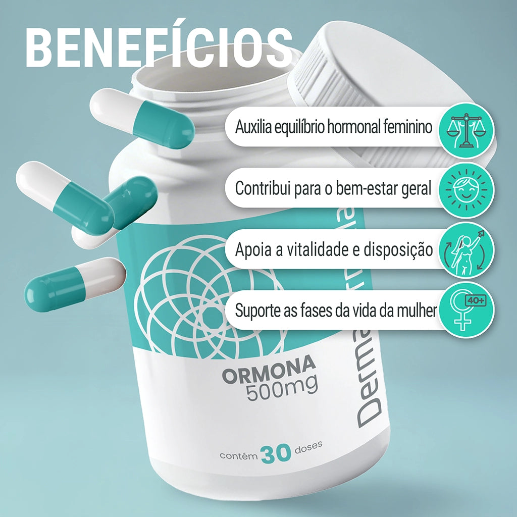 Dermafórmula Melhor Farmácia de Manipulação em Santos | Pote de suplemento 'Ormona 500mg' com 30 doses sobre fundo azul turquesa. Cápsulas em turquesa e branco flutuam ao redor da embalagem aberta. À direita, quatro ícones circulares verdes com ilustrações de balança, sol, silhueta feminina e símbolo de Vênus detalham os benefícios para o equilíbrio e bem-estar feminino.