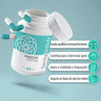 Dermafórmula Melhor Farmácia de Manipulação em Santos | Mockup flutuante do suplemento manipulado Ormona 500mg com 30 doses. A imagem apresenta ícones explicativos que reforçam o posicionamento da Dermafórmula como um laboratório de precisão. Ideal para mulheres que buscam longevidade saudável e gerenciamento hormonal personalizado com ativos puros.