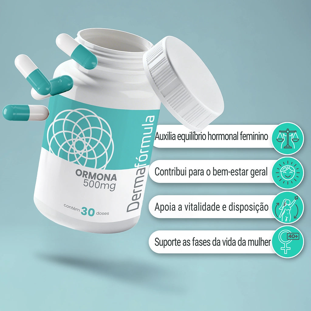 Dermafórmula Melhor Farmácia de Manipulação em Santos | Mockup flutuante do suplemento manipulado Ormona 500mg com 30 doses. A imagem apresenta ícones explicativos que reforçam o posicionamento da Dermafórmula como um laboratório de precisão. Ideal para mulheres que buscam longevidade saudável e gerenciamento hormonal personalizado com ativos puros.