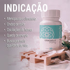 Dermafórmula Melhor Farmácia de Manipulação em Santos | Frasco branco de 'Ormonelle 250mg' com 30 doses em destaque à direita. À esquerda, cinco tópicos indicam o uso para menopausa, ondas de calor, humor, energia e qualidade de vida. O cenário é delicado, com iluminação suave, flores brancas e pétalas espalhadas sobre uma base de madeira.