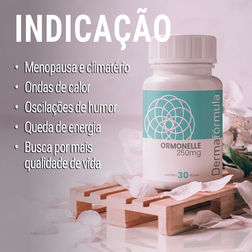 Dermafórmula Melhor Farmácia de Manipulação em Santos | Frasco branco de 'Ormonelle 250mg' com 30 doses em destaque à direita. À esquerda, cinco tópicos indicam o uso para menopausa, ondas de calor, humor, energia e qualidade de vida. O cenário é delicado, com iluminação suave, flores brancas e pétalas espalhadas sobre uma base de madeira.