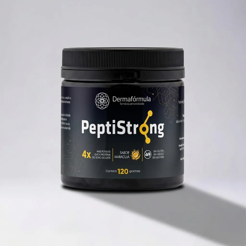 Embalagem do Peptstrong Sabor Maracujá com rótulo descritivo em destaque, manipulado na Dermafórmula Melhor Farmácia de Manipulação na Baixada Santista.