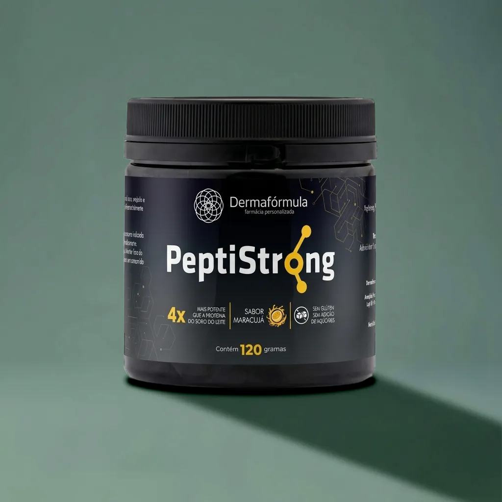 Embalagem do Peptstrong Sabor Maracujá com rótulo descritivo em destaque, manipulado na Dermafórmula Melhor Farmácia de Manipulação na Baixada Santista.