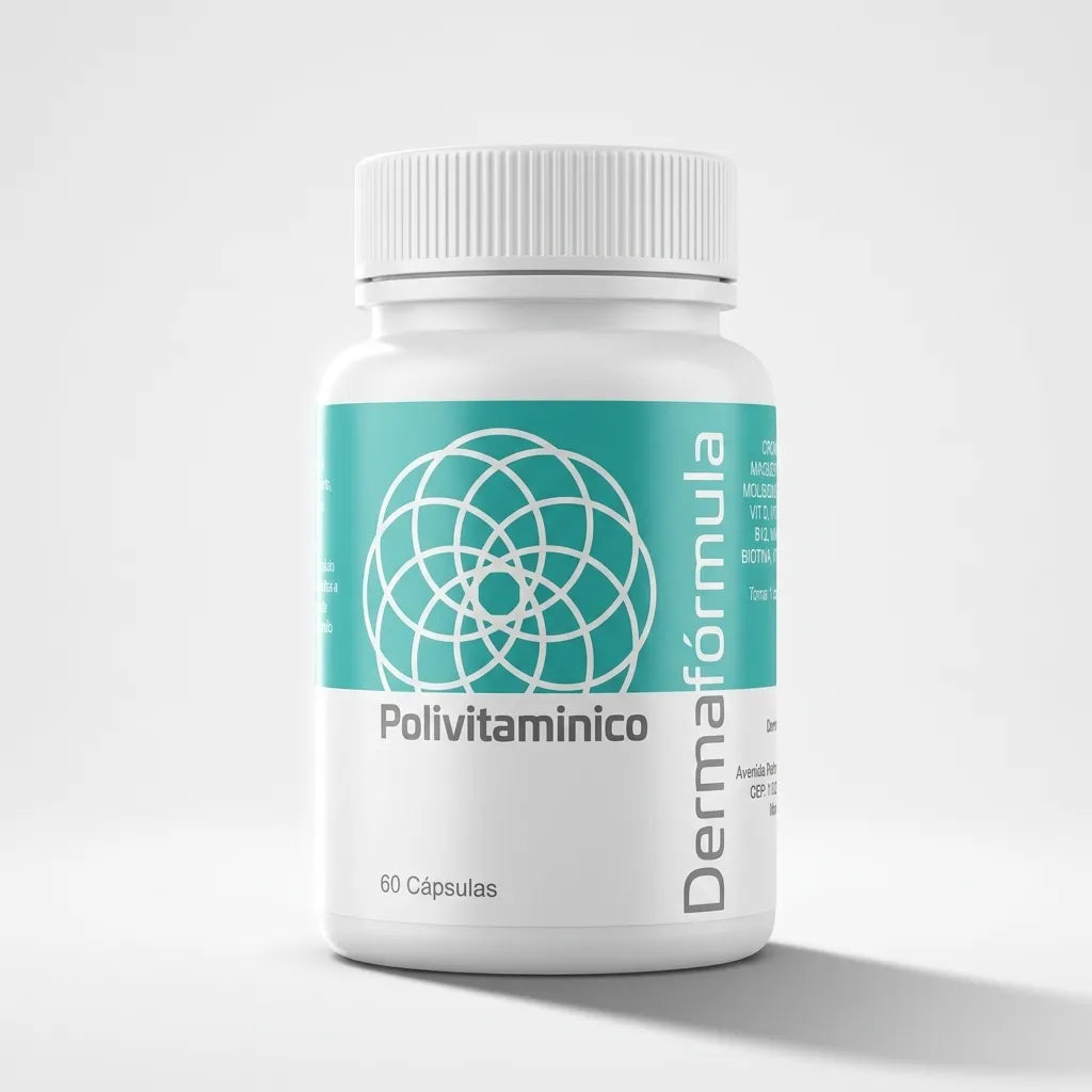 Dermafórmula Melhor Farmácia de Manipulação na Baixada Santista | Frasco do Polivitamínico Farma Magistral, rico complexo de vitaminas e minerais essenciais, como ferro e cálcio.