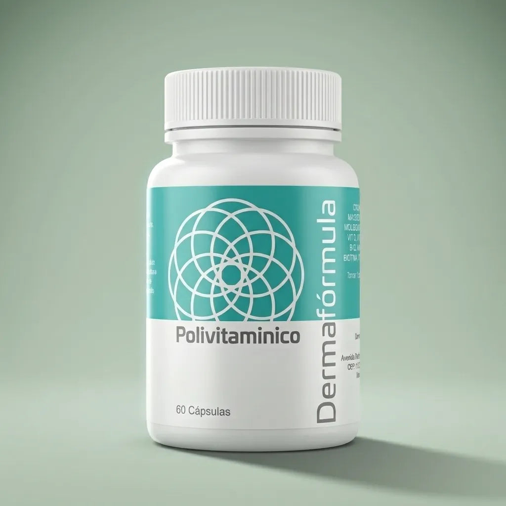 Dermafórmula Melhor Farmácia de Manipulação na Baixada Santista | Frasco do Polivitamínico Farma Magistral, rico complexo de vitaminas e minerais essenciais, como ferro e cálcio.