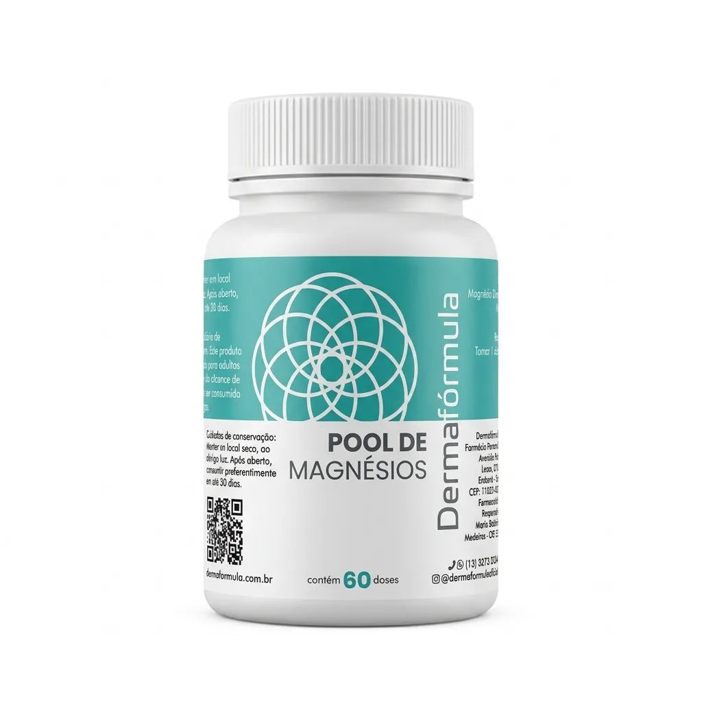 Dermafórmula Melhor Farmácia de Manipulação em Santos | Frasco branco de Pool de Magnésios Dermafórmula com 60 doses, da Farma Magistral.