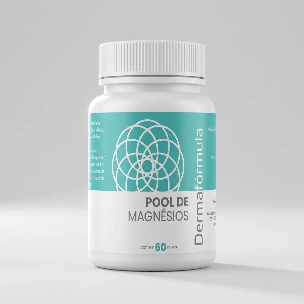Dermafórmula Melhor Farmácia de Manipulação em Santos | Frasco branco de Pool de Magnésios Dermafórmula com 60 doses, da Farma Magistral.