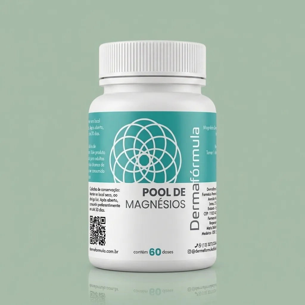 Dermafórmula Melhor Farmácia de Manipulação em Santos | Frasco branco de Pool de Magnésios Dermafórmula com 60 doses, da Farma Magistral.
