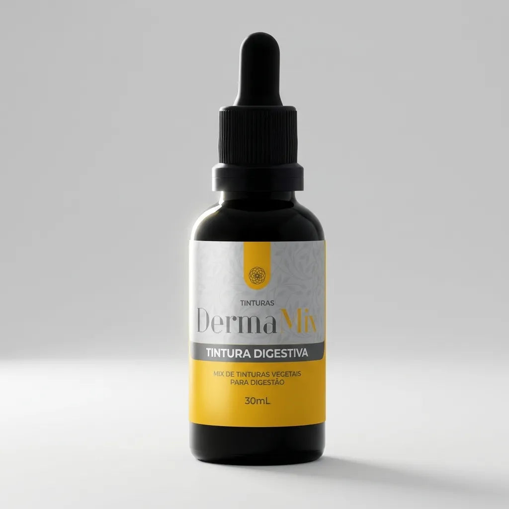 Dermafórmula Melhor Farmácia de Manipulação em Santos | Frasco de tintura conta-gotas DermaMix da Farma Magistral. Embalagem 30ml com rótulo amarelo e cinza.