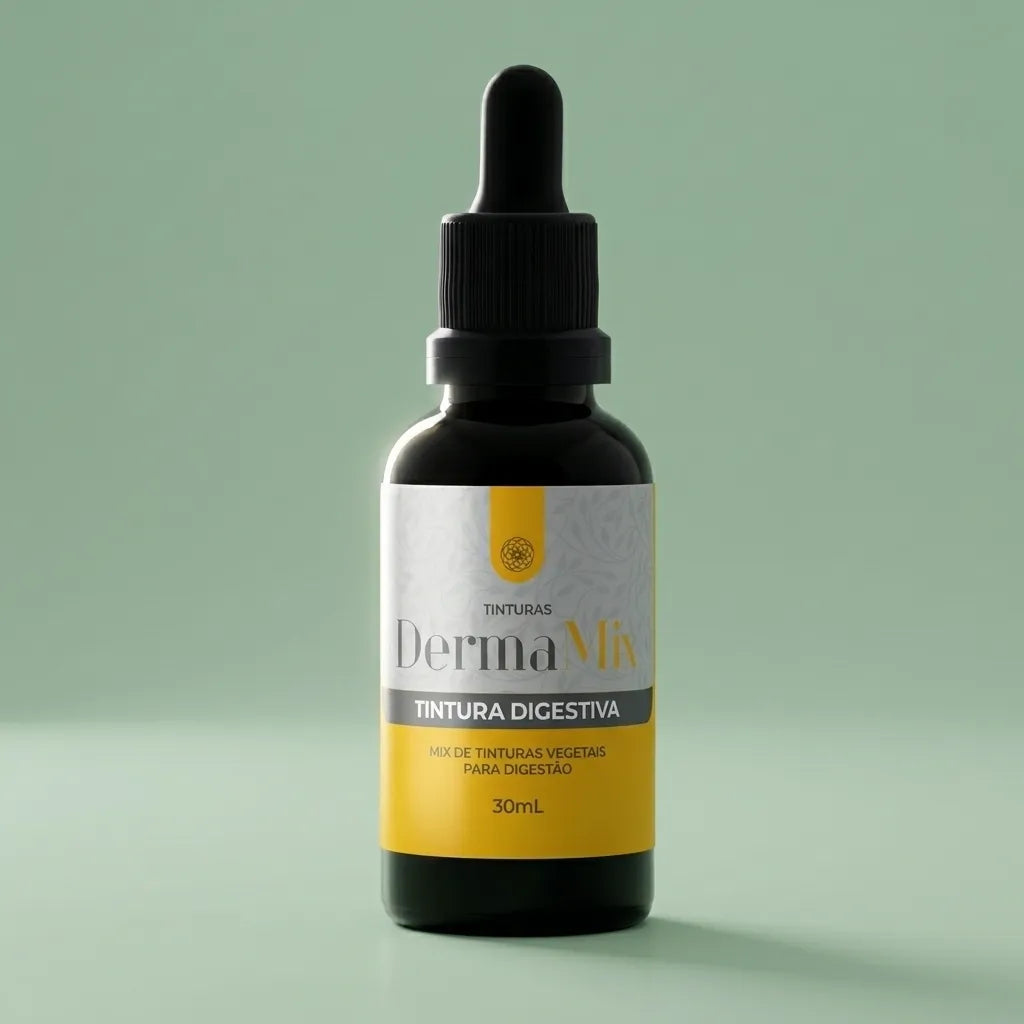 Dermafórmula Melhor Farmácia de Manipulação em Santos | Frasco de tintura conta-gotas DermaMix da Farma Magistral. Embalagem 30ml com rótulo amarelo e cinza.