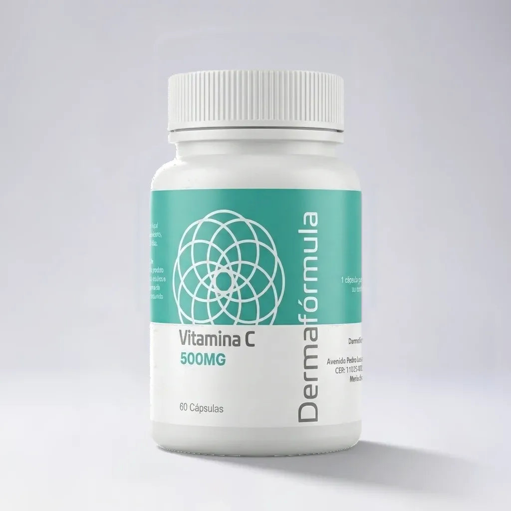 Dermafórmula Melhor Farmácia de Manipulação na Baixada Santista | Embalagem da Vitamina C 500mg manipulada da marca Dermafórmula exibindo rótulo com informações farmacêuticas.