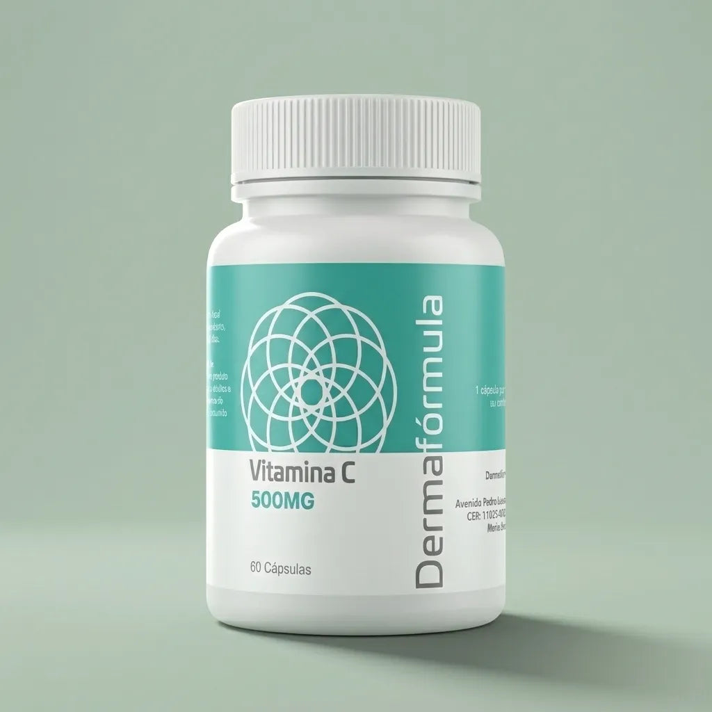 Dermafórmula Melhor Farmácia de Manipulação na Baixada Santista | Embalagem da Vitamina C 500mg manipulada da marca Dermafórmula exibindo rótulo com informações farmacêuticas.
